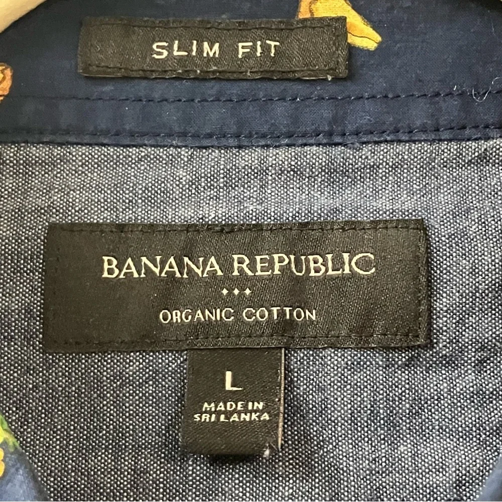 Banana Republic Pineapple Print Organic Cotton Shirt Mens Large Slim Fit Navy